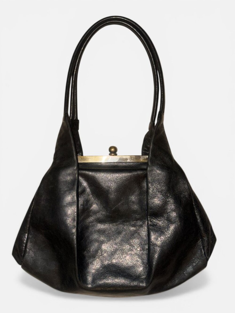 VTG HOBO Blanche Bag Black Glazed Nappa Leather Fortune Cookie Frame Satchel Y2K - Picture 5 of 10